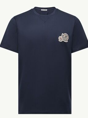 Moncler Men’s Double Logo Patch Cotton Navy T-Shirt Size Medium